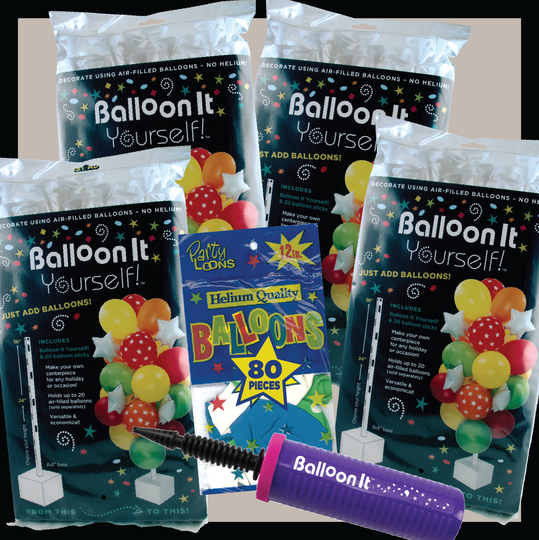 Balloon It Yourself! Party 4-Pack Balloon Stand Decorations. Complete DIY Kit. Includes Dual Action Air Pump. - Balloon It